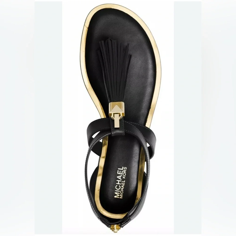MICHAEL KORS Winslow Black and Gold Tassel Sandals, Size 8.5 EUC
